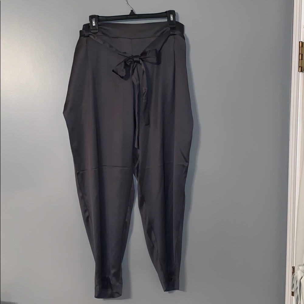 NWT Black satin tie front trousers.